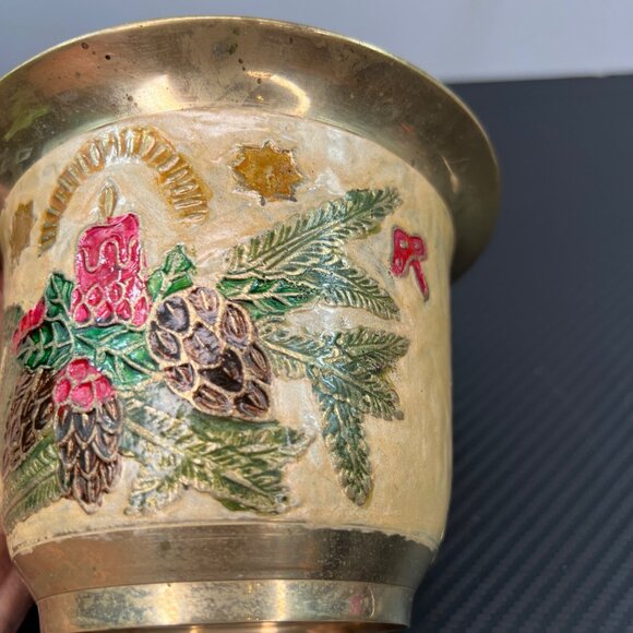 Vintage Brass Cloisonne Painted Christmas Bowl Wreath Candle Holly - Picture 10 of 11